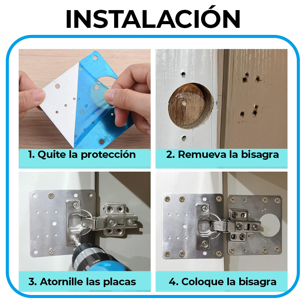 🔩 FixHinge™ – Kit 4 uds-Placa para Reparación de Bisagras – Refuerza Tus Muebles en Minutos